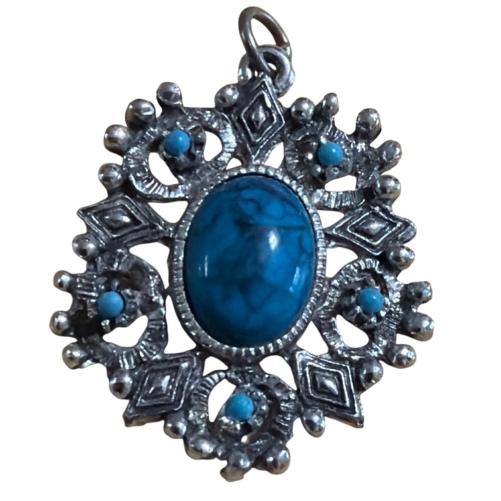 Vintage Style Silver Tone Faux Turquoise Filigree Oval Cabochon‎ Pendant Retro